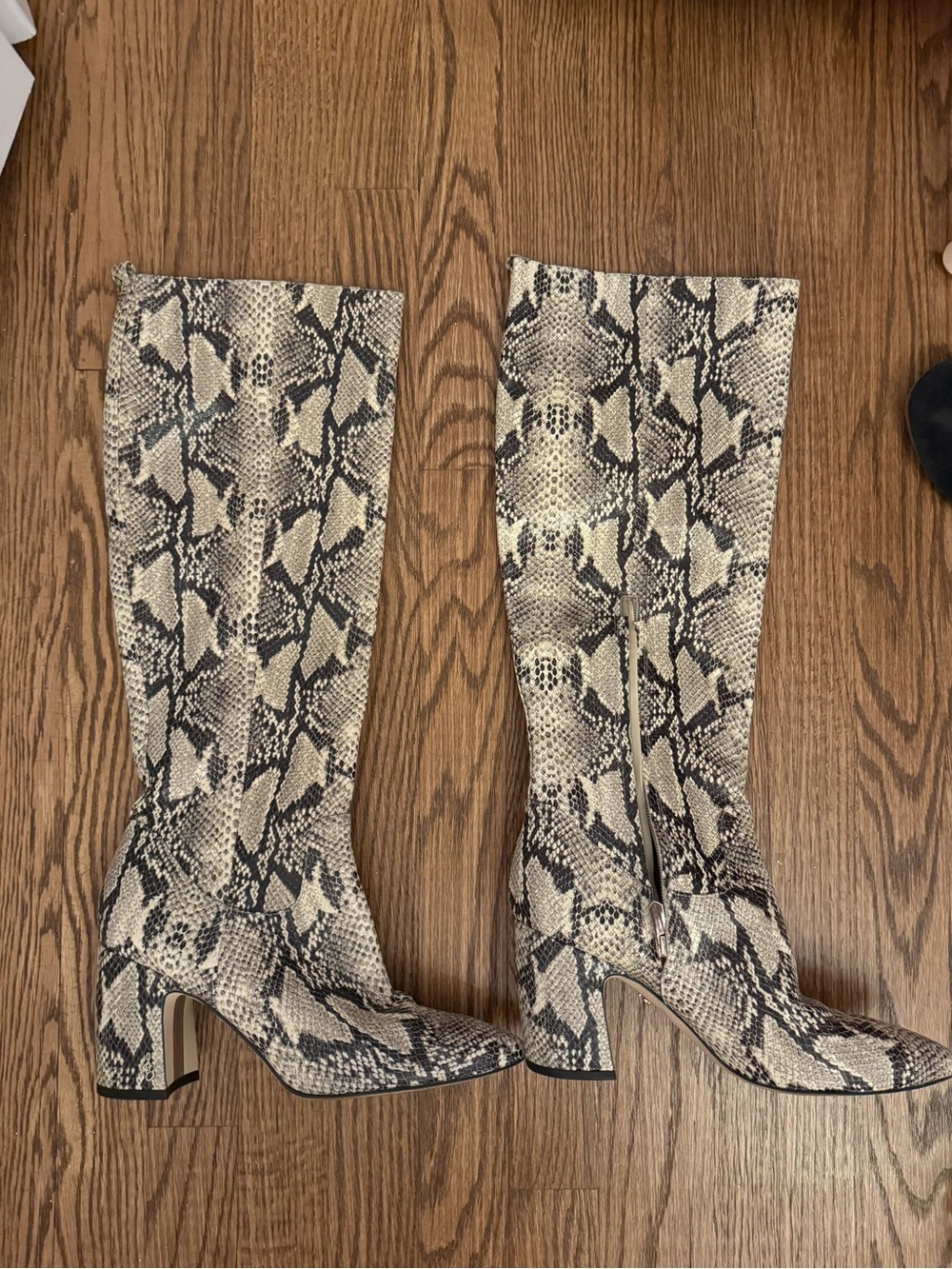 Sam Edelman Cream and Black Snake-Print Over-the-Knee Block Heel Boots